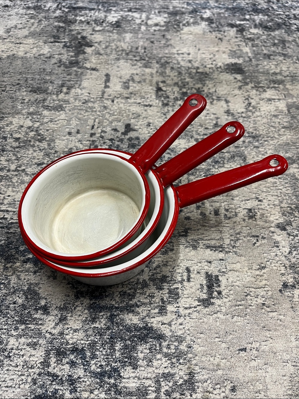 Vintage White and Red Enamel Pots - Set of 3